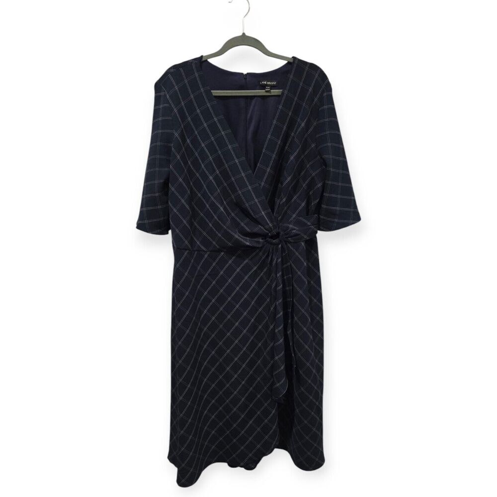 EUC 18/20 Lane Bryant Navy Faux Wrap Dress Short Sleeve Plaid V-Neck
